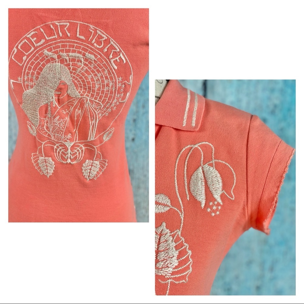 Johnny Was Coral Embroidered Cotton Polo Top - Picture 6 of 14